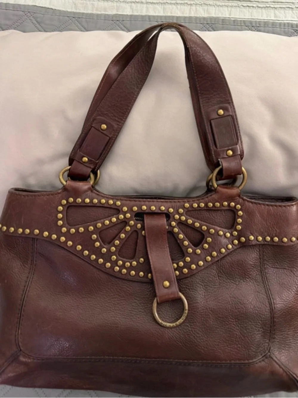 Michael Kors Dark Brown Leather Shoulder Bag with Gold Stud Accents